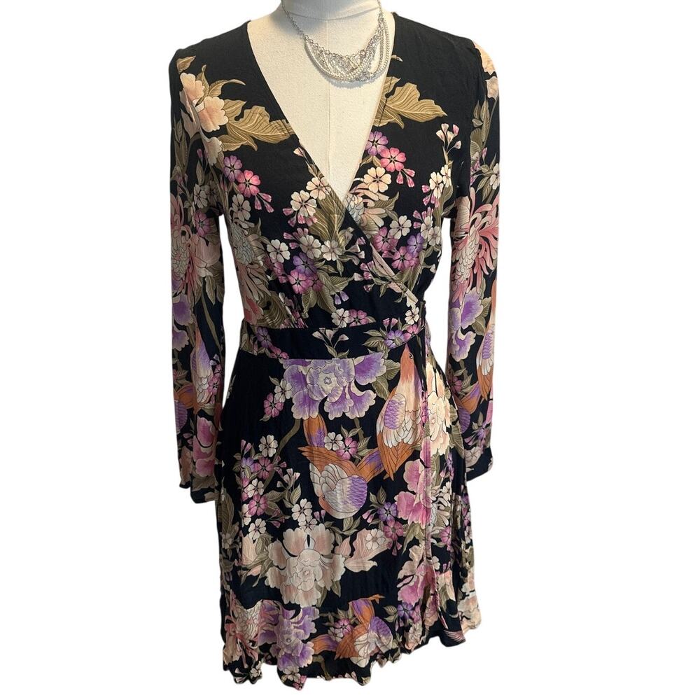 Spell Floral True Wrap Dress Long Sleeve Boho Black Pink Size S